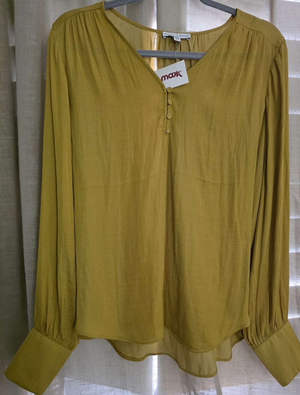 Long Sleeve Silk-Like Flowy Blouse - Mustard - Picture 8 of 8